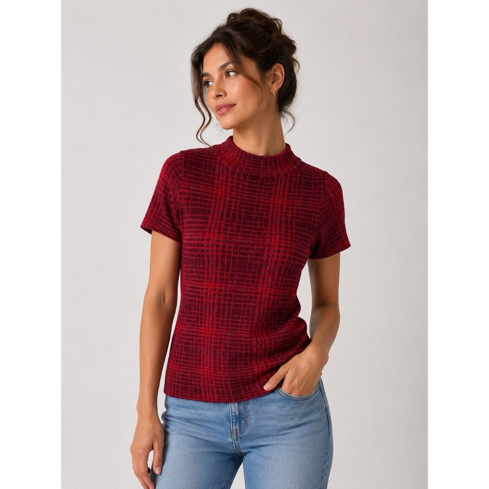 Field Flower Red Textured Grid Knit Mock Neck Short Sleeve Top Womens Small